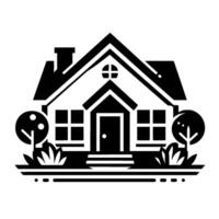 A stylized, twostory house in solid black with symmetrical , featuring a crossshaped window, chimney, trees, and landscaping elements. vector