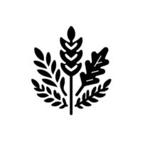 Stylized Black White Emblem Wheat, Leaves, and Decorative Foliage Arranged in a Symmetrical Composition Against White. vector