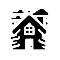 Black and White of a Cozy House Under a Cloudy Sky, with Snowflakes, Representing Home and Serenity. vector