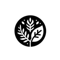 Monochrome Botanical Emblem A black circular featuring stylized leaves and sprigs, with white elements and dotted accents on a white background. vector