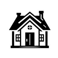 Black and White Simplified House Illustration with Gable Roof, Chimney, Front Door, and Windows Clean, Modern . vector