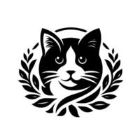 Black and White Cat Face, Smiling, in a Laurel Wreath, Round Composition, Simple , Veterinary . vector