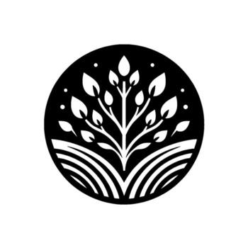 A stylized monochrome emblem featuring a tree with stylized leaves and roots, within a black circular frame. White elements contrast sharply. vector