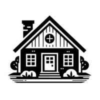 A minimalist black and white illustration of a simple house with a cross window, chimney, and small garden, conveying a peaceful mood. vector