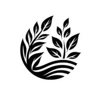 A minimalist black and white featuring stylized leaves and curved lines, evoking growth and organic form within a circular frame. vector
