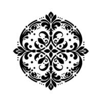 Intricate symmetrical black floral ornament, on a pristine white backdrop, displaying ornate, stylized leaves and curved lines in a repeating pattern. vector