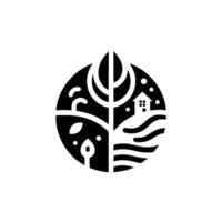 Symbolic Black and White Circular House, Tree, and Landscape Elements Within a Stylized Nature Scene vector