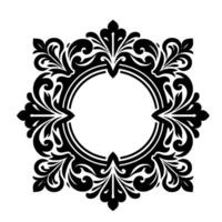 Intricate black and white floral , featuring a circular frame with ornate scrolling leaves and symmetrical arrangement, perfect for decorative purposes. vector