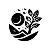 Symbolic monochrome artwork depicting a stylized scene with a smiling moon, leafy tree, mountains, and a crescent shape suggesting a landscape enclosed within a circle. vector