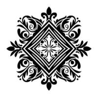 A symmetrical, monochrome floral radiating from a central diamond, featuring intricate details of swirling leaves, buds and geometric shapes, reminiscent of a stylized mandala. vector