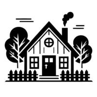 Stylized Black and White Cottage Illustration with Trees, Picket Fence, and Smoke, Evoking a Sense of Peaceful, Rustic Simplicity. vector