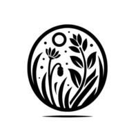 Black and White Minimalist Nature Illustration Circle composition showcasing stylized flora with a sun and dots, set against a white background. vector