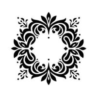 Elegant symmetrical black floral featuring stylized leaves, scrolls, and dots arranged in a square frame on a white backdrop. vector