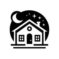 Monochrome illustration of a house with a chimney, two windows, and a crescent moon within a starry night sky, symbolizing tranquility. vector