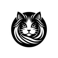 A stylized, elegant monochrome depiction of a cats face within a black circular frame, featuring intricate fur detailing and expressive eyes. vector