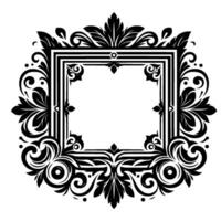 Intricate Black and White Floral Crest with Elegant Swirls and Leafy Embellishments Encasing an Empty Central Square. vector