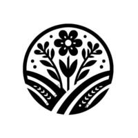 Stylized Black White Floral Medallion A symmetrical, circular featuring a central flower with leaves, set within a landscape with stylized fields and dots, evoking folk art. vector