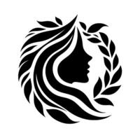 Silhouette of a womans profile adorned by flowing hair and a leafy wreath in minimalist black and white . vector