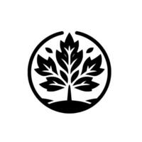 A stylized, black and white of a tree inside a circle, its leaves radiating outwards in a symmetrical pattern against a clean white background. vector