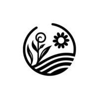 Minimalist nature featuring a stylized plant with a curled tendril and a daisy, set above horizontal lines, enclosed by a black circle against a white background. vector