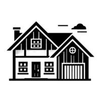Monochromatic illustration of a rustic house with gabled roof, chimney, multiple windows, garage, and simplistic cloud elements, depicting a stylized architectural . vector