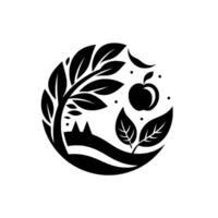 Stylized circular illustration Tree, apple, leaves, and a fox silhouette within a minimalist monochrome on a white background. vector