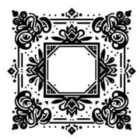 Intricate symmetrical black and white square frame featuring floral elements, geometric patterns, and a central blank space suitable for text or images. vector