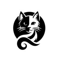 A striking monochrome of a cat face, split down the middle with contrasting black and white halves, and enclosed within a circular shape. vector