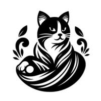 Stylized black and white illustration of a regal cat, featuring intricate patterns, curled tail, and decorative flourishes, exuding elegance. vector