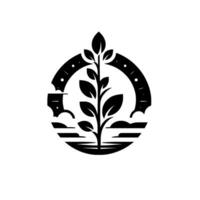 Minimalist black and white of a budding plant within a circular frame, depicting growth and nature, set against a blank canvas. vector
