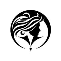 Elegant Silhouette A Womans Profile Encircled by Flowing Hair, Artfully Framed in a Circular Black and White . vector