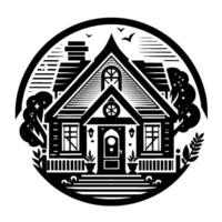 A stylized, blackandwhite illustration of a charming cottage within a circular frame, featuring a porch, trees, and birds. vector