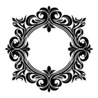Ornate, symmetrical black and white circular floral frame with elegant baroque flourishes, a stylized decorative border, and a clean, white background. vector