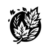 A striking black and white illustration of stylized leaves contained within a circle, with floating accents, evoking a sense of balance and elegance. vector