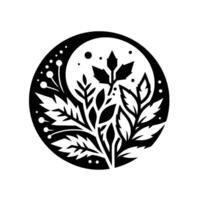 Intricate Black and White Circular Floral Leaves, Berries, and Geometric Shapes in a Decorative Emblem. vector