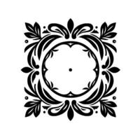 Intricate Black and White Circular Floral with Leafy Embellishments, Centered Dot, Symmetrical Structure, on a White Background. vector