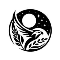 YinYang stylized illustration featuring a majestic eagle with outstretched wings, flanked by olive branches, set against a moonlit, starry night sky, symbolizing balance and freedom. vector