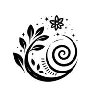 A stylized, black and white botanical illustration featuring a floral element, leaves, a spiral, and stars, against a plain background, suggesting growth, nature, and harmony. vector
