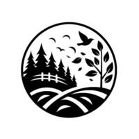 Monochromatic nature scene, a black and white circular illustration of trees, a tree, bird, and hills with fence, embodying harmony. vector