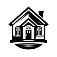 A stylized, monochrome illustration of a house with arched windows, a chimney, and a detailed front door set against a bright white background, embodying the simplicity and modern . vector