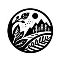 A stylized, monochrome, circular illustration of a mountain landscape with trees, a road, a sun, leaves, and branches. vector