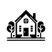 A minimalist black and white of a house with a circular window, a chimney, flanked by stylized trees, evoking concepts of home and nature. vector