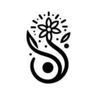 A minimalist black and white illustration showcasing a stylized flower with flowing stem, dots, and leaf accents, exuding a sense of elegance and simplicity. vector