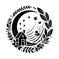 Cozy cottage silhouette encircled by a wreath of foliage under a crescent moon, stars, and falling leaves in a minimalist, monochromatic . vector