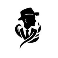 Silhouette of a Man in a Hat and Suit, Embellished with Organic, Leafy Designs, Exuding Sophistication on a White Background. vector