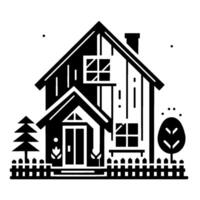 Geometric Black and White Illustration of a Cozy House with Trees, a Fence, and a Simple , Evoking a Sense of Calm and Home. vector