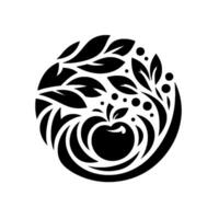 A stylized black and white emblem featuring an apple encircled by leaves and decorative elements, suggesting nature and health. vector