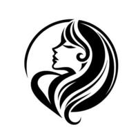 An Elegant Silhouette A stylized black and white portrait of a woman with flowing hair and a closedeyed, serene expression, encased in a circular frame. vector