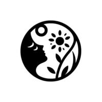 YinYang Harmony Black and White Circular Depicting a Womans Silhouette with SunLike Flower and Foliage, Representing Balance. vector