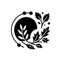 A black and white floral emblem , featuring leaves, circles, and arcs, arranged in a symmetrical and elegant composition against a clean white background. vector